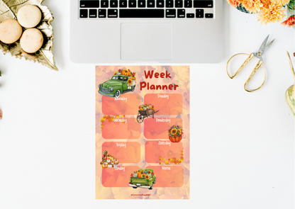 Herfst weekplanner in A4 PDF met illustraties van pompoenen, zonnebloemen, retro vrachtwagen en kruiwagen vol herfstschatten. Planner met weekindeling maandag t/m zondag + notities.