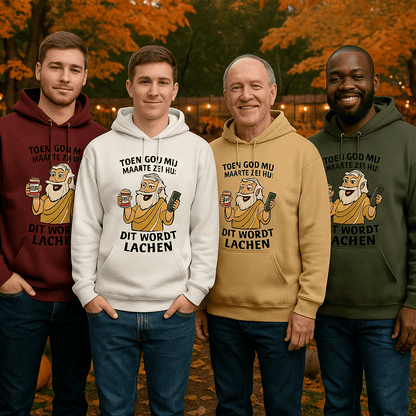 Vier mannen dragen de “Dit Wordt Lachen” hoodie met anime-cartoon God die bier en afstandsbediening vasthoudt. Verkrijgbaar in Military Green, Sand, Maron en Wit. Herfstachtergrond – Creatieve Aap.