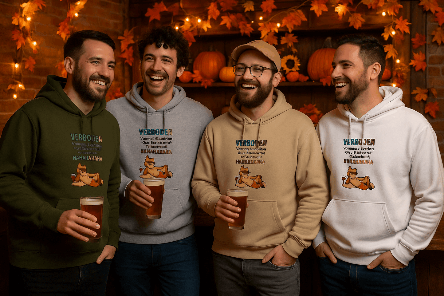 Witte hoodie met grappige tekst “Verboden van mij weg te komen” en cartoon van een hond met een glas wijn. Verkrijgbaar in Wit, Sand, Military Green en Sport Grey – Creatieve Aap.