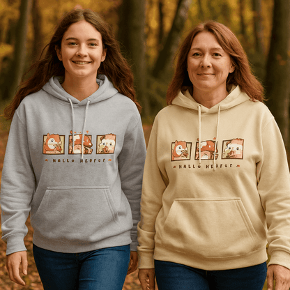 Moeder en dochter dragen de Hallo Herfst hoodie van Creatieve Aap tijdens een boswandeling in de herfst. Hoodie met kawaii eekhoorn, paddenstoel en egeltje design.