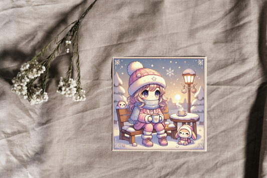 Schattige Kawaii Anime Winter Wenskaart met een meisje in een winterlandschap, genietend van een warme drank, omringd door een serene sneeuwsfeer.