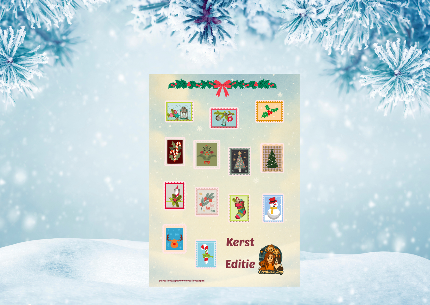 🎄 Kerst Postzegel Decoratie Stickers – Sticker Sheet – Creatieve Aap 2025
