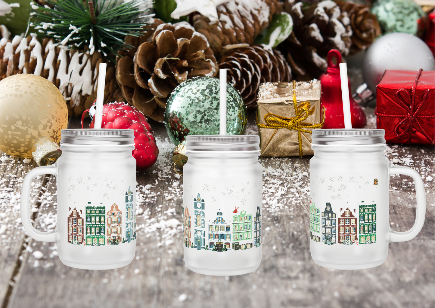 Mason Jar ‘Kerst Stad’ (Frosted Glass)