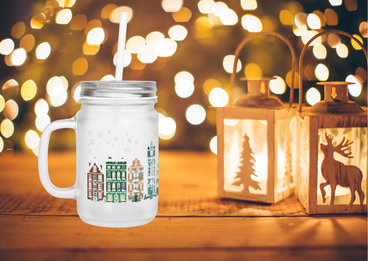 Mason Jar ‘Kerst Stad’ (Frosted Glass)
