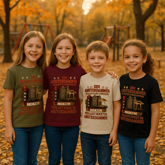 Vier kinderen dragen het “Amsterdammer Mokum” kinder t-shirt in de kleuren Military Green, Maron, Sand en Zwart. Herfstachtergrond met speeltuin – Creatieve Aap.