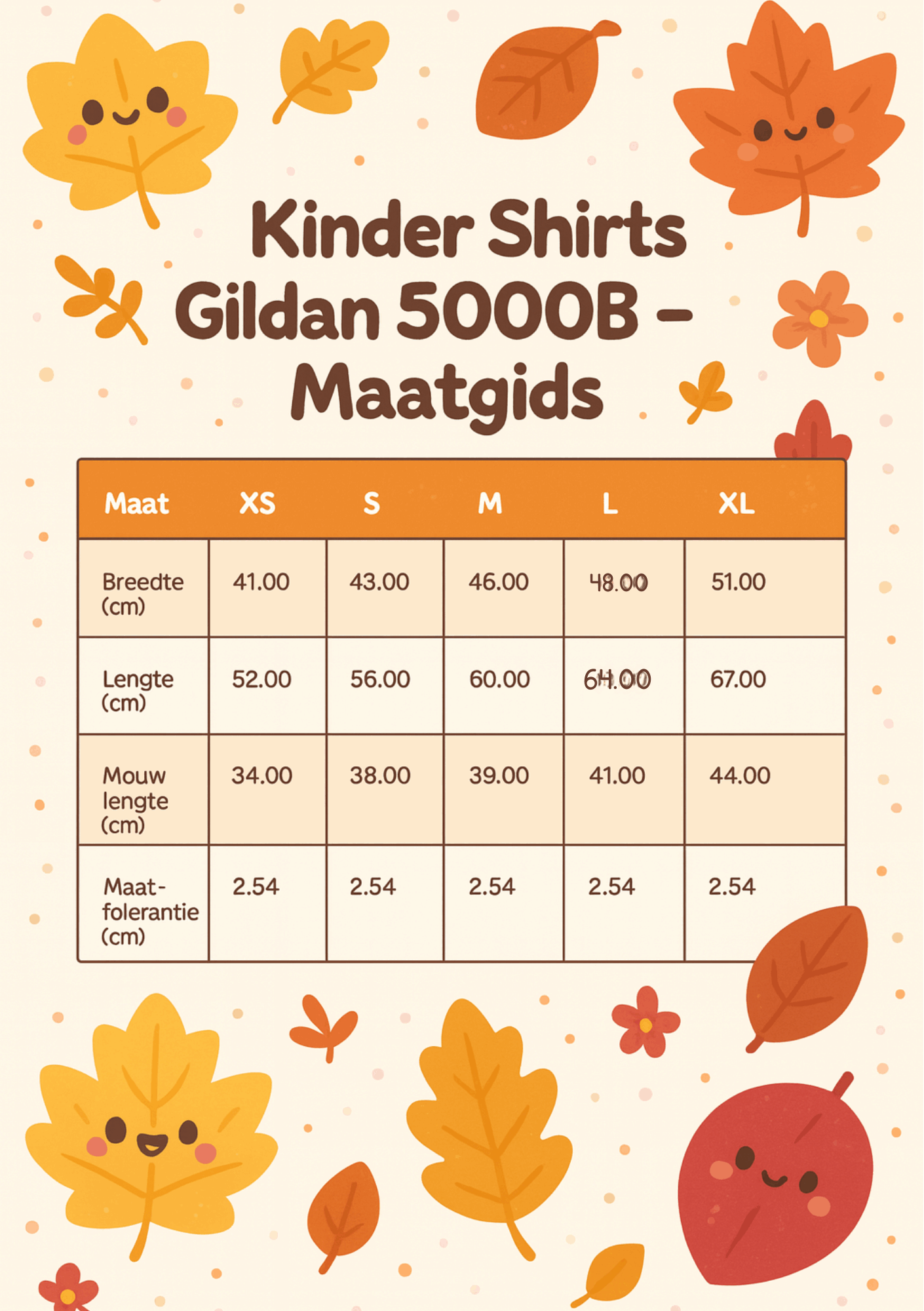 Kinder shirt Gildan 5000B Maatgids maat tabel