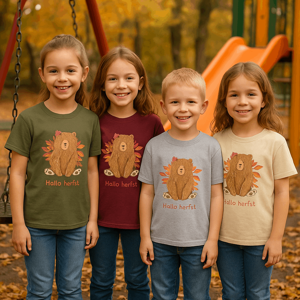 Vier kinderen dragen het “Hallo Herfst Beer” kinder t-shirt in de kleuren Military Green, Maron, Sporty Grey en Sand. Herfstsetting met speeltuin – Creatieve Aap.