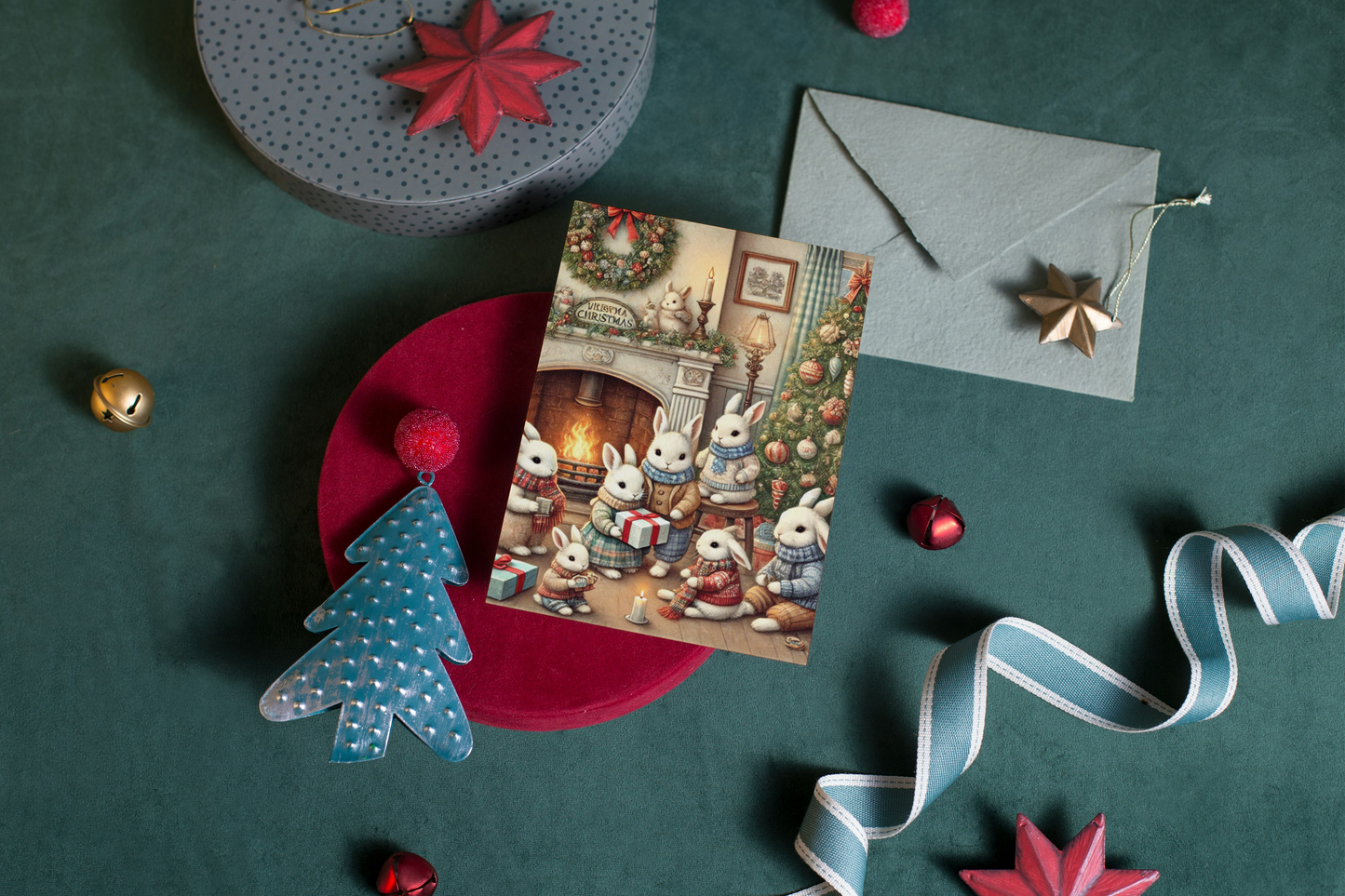 🐇✨ Kerst Wenskaart – Konijnen Kerstfamilie (A6) ✨