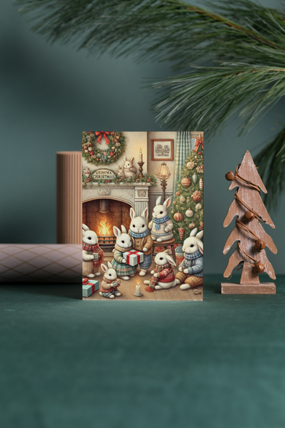 🐇✨ Kerst Wenskaart – Konijnen Kerstfamilie (A6) ✨