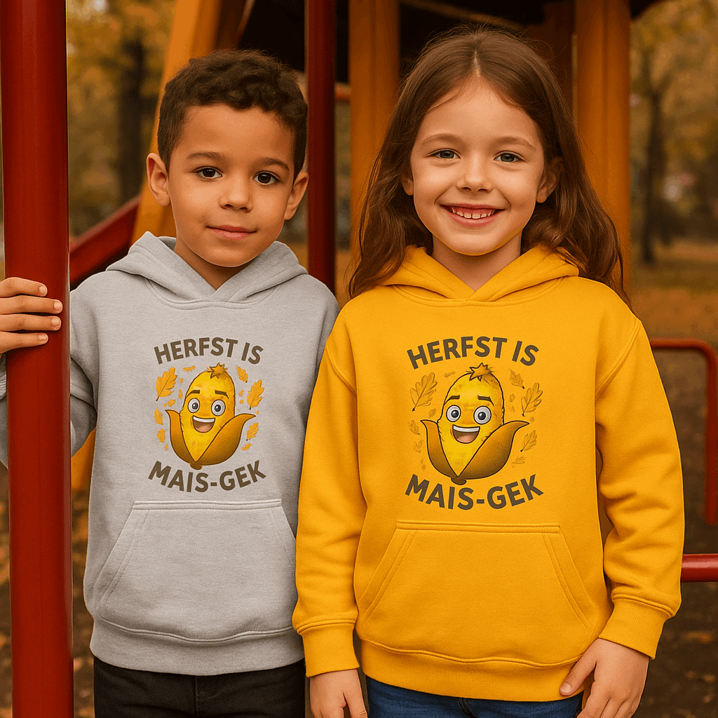 Twee kinderen dragen de “Herfst is Mais-Gek” kinder hoodie in Sporty Grey en Gold met lachende mais en herfstblaadjes design.