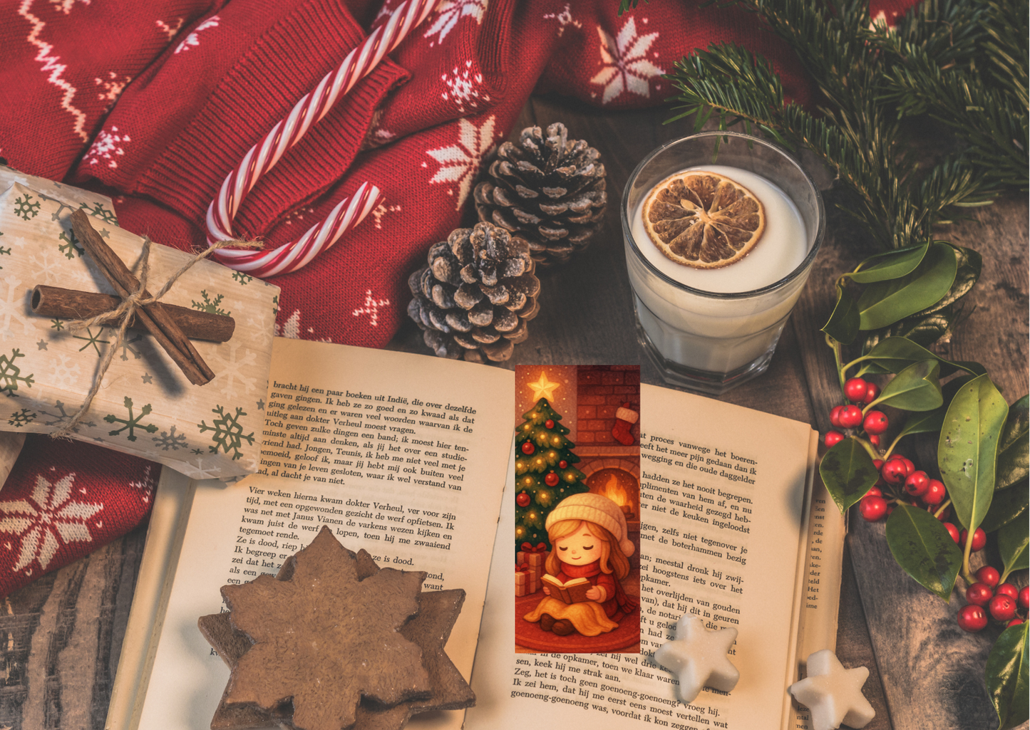 📚✨ Boekenlegger – Cozy Lezen (Midwinter Village | Handgemaakt | 5,5 x 12,5 cm)