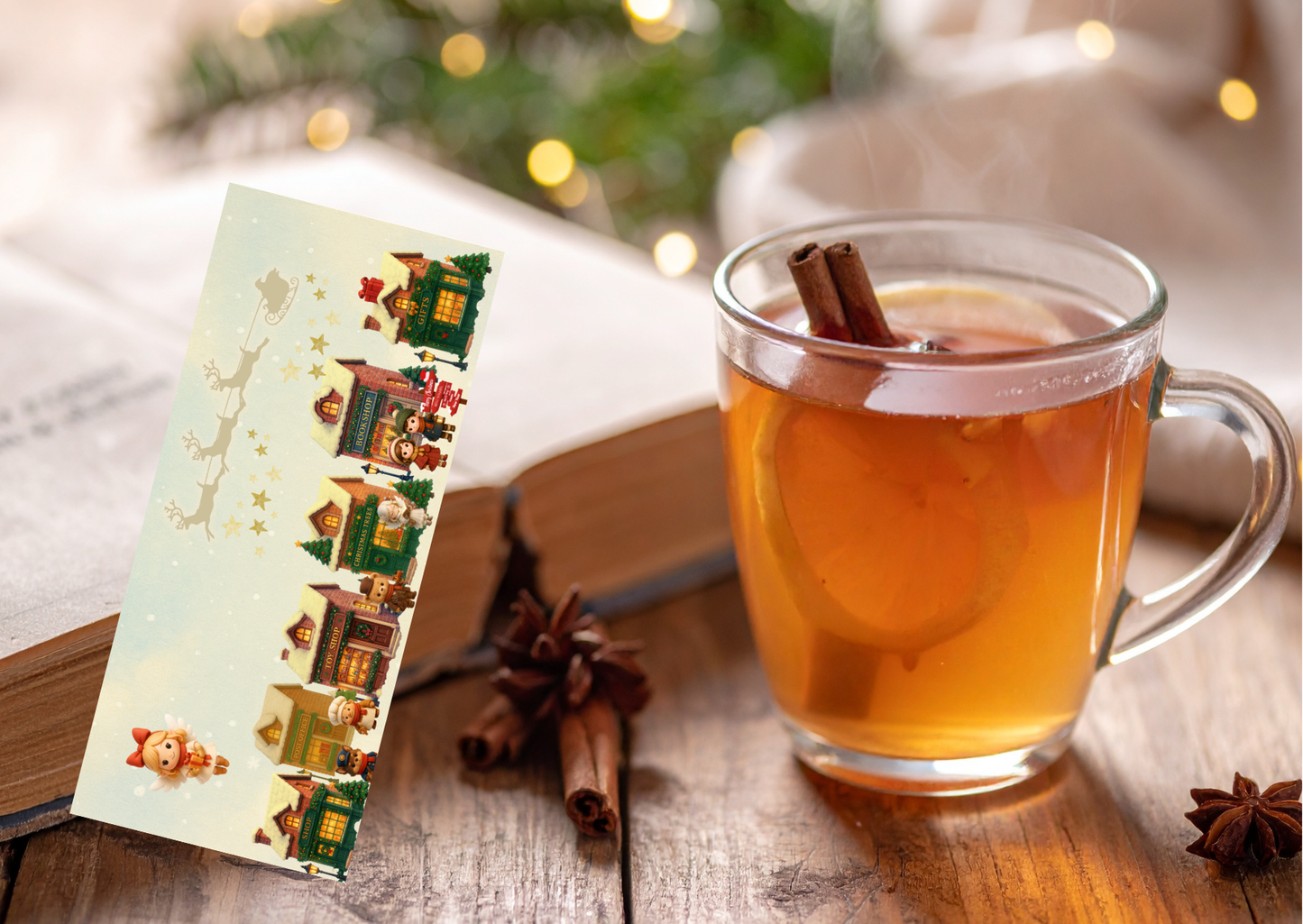 📚✨ Boekenlegger – Midwinter Village (Handgemaakt | 5,5 x 12,5 cm) Winkelstraat