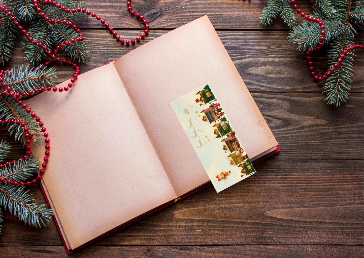 📚✨ Boekenlegger – Midwinter Village (Handgemaakt | 5,5 x 12,5 cm) Winkelstraat