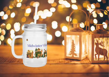🏘️ Midwinter Village – Frosted Mason Jar met Rietje (12oz)