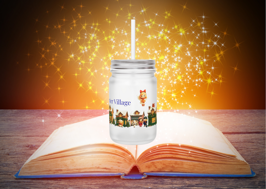 🏘️ Midwinter Village – Frosted Mason Jar met Rietje (12oz)