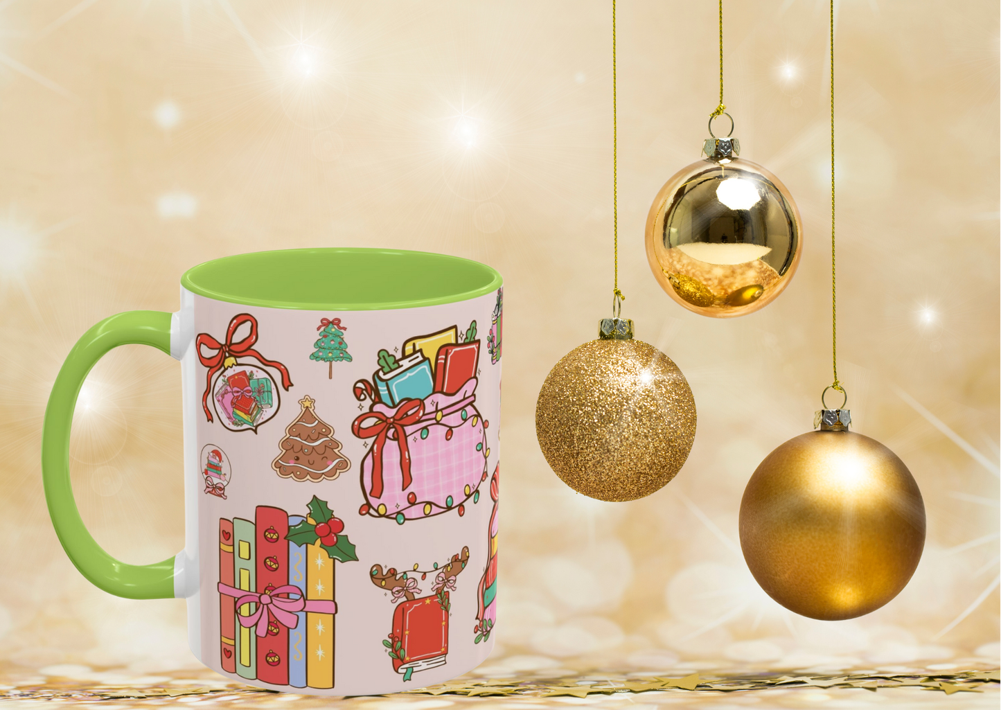 Kerst Mok – Christmas Booklover (330 ml) – Witte keramiek mok met gekleurde binnenkant & oor