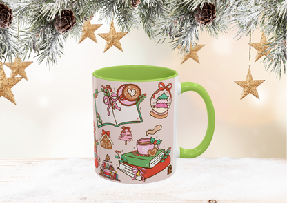 Kerst Mok – Christmas Booklover (330 ml) – Witte keramiek mok met gekleurde binnenkant & oor
