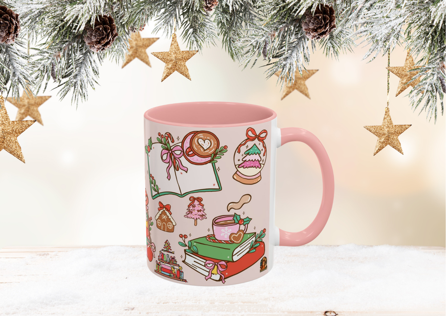 Kerst Mok – Christmas Booklover (330 ml) – Witte keramiek mok met gekleurde binnenkant & oor