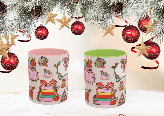 Kerst Mok – Christmas Booklover (330 ml) – Witte keramiek mok met gekleurde binnenkant & oor