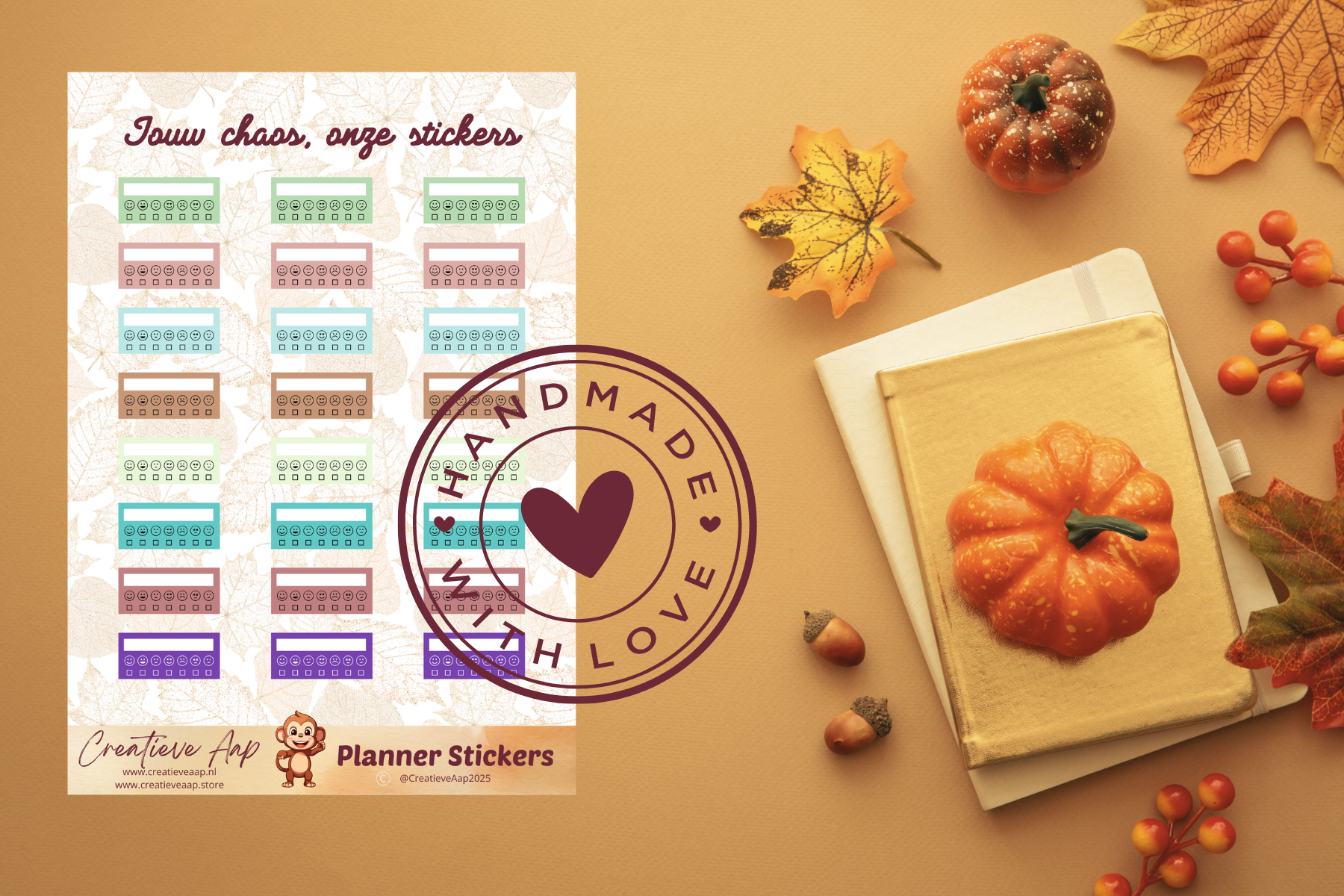 Planner stickers “Mood Trackers” in herfstkleuren 🍂😊🌙 – handgemaakt design van Creatieve Aap, verkrijgbaar in A6 en A5 formaat, matte of glanzende afwerking.