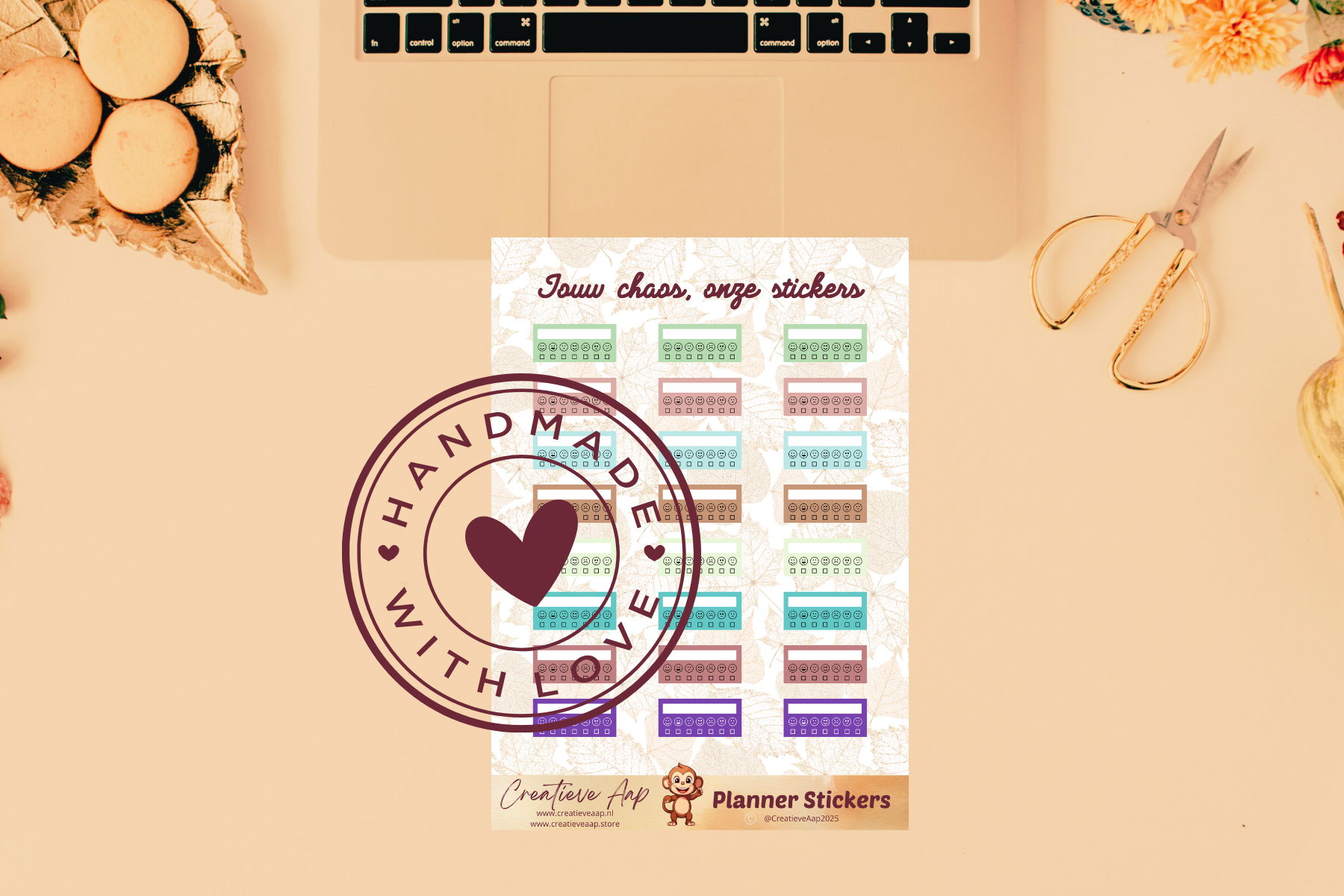 Planner stickers “Mood Trackers” in herfstkleuren 🍂😊🌙 – handgemaakt design van Creatieve Aap, verkrijgbaar in A6 en A5 formaat, matte of glanzende afwerking.
