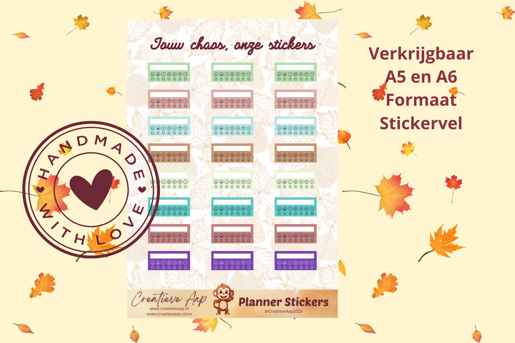 Planner stickers “Mood Trackers” in herfstkleuren 🍂😊🌙 – handgemaakt design van Creatieve Aap, verkrijgbaar in A6 en A5 formaat, matte of glanzende afwerking.