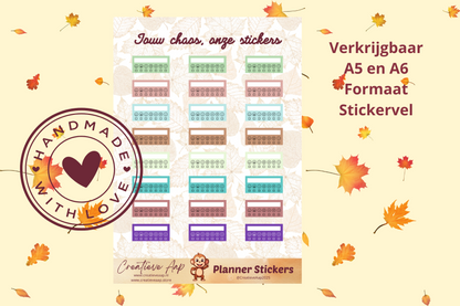 Planner stickers “Mood Trackers” in herfstkleuren 🍂😊🌙 – handgemaakt design van Creatieve Aap, verkrijgbaar in A6 en A5 formaat, matte of glanzende afwerking.