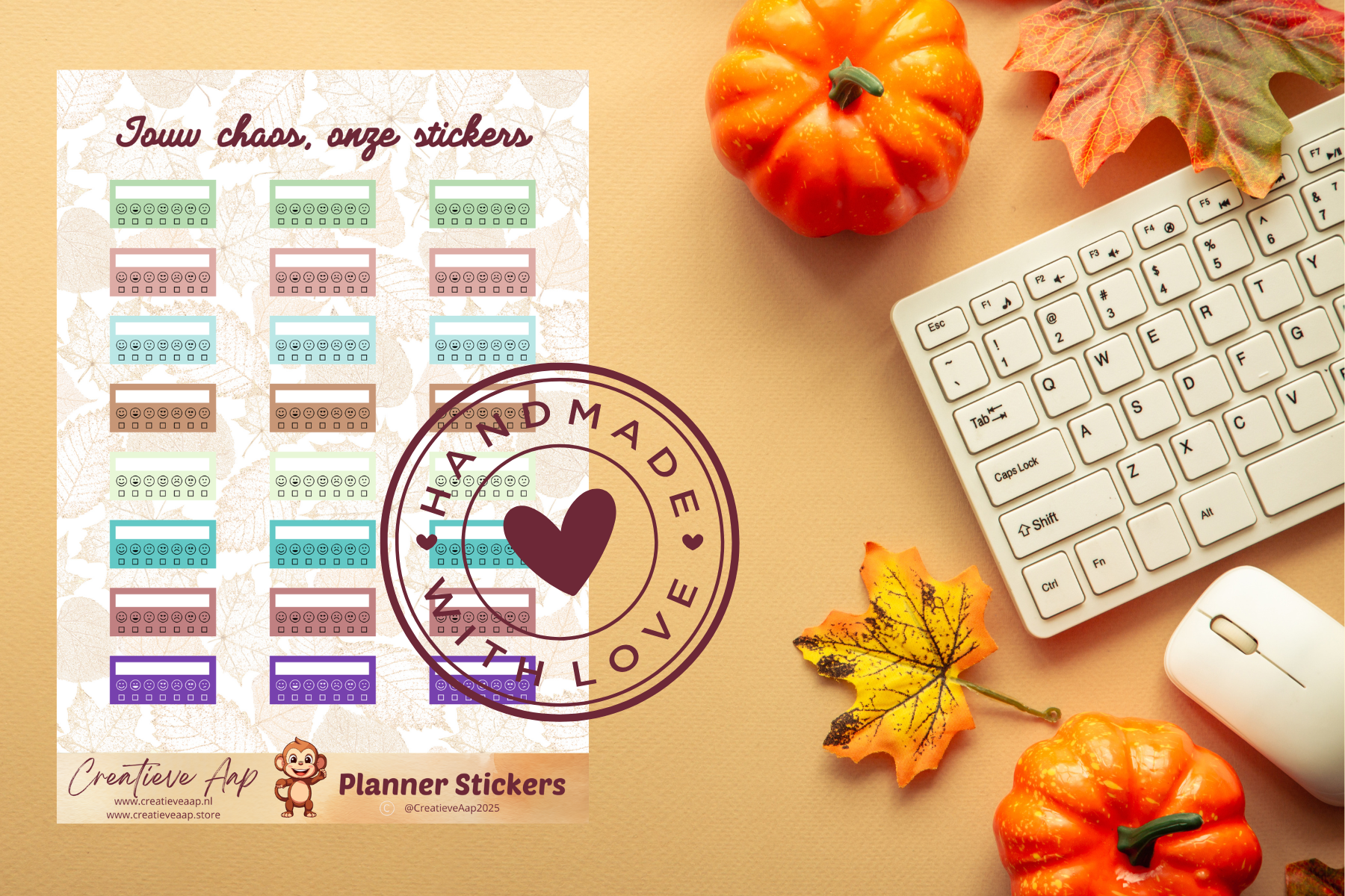 Planner stickers “Mood Trackers” in herfstkleuren 🍂😊🌙 – handgemaakt design van Creatieve Aap, verkrijgbaar in A6 en A5 formaat, matte of glanzende afwerking.
