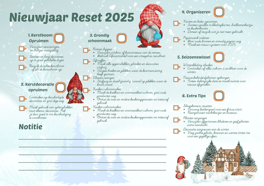 Printbare Reset Checklijst Nieuwjaar 2025 - Gratis PDF planner met taken zoals opruimen, schoonmaken en doelen stellen. Inclusief winterse illustraties en ruimte voor notities.