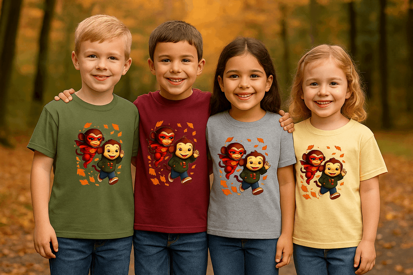 Kinder T-shirt met Fourtop Heroes design van Riko en superheld Zappie tussen herfstbladeren – verkrijgbaar in Military Green, Maron, Sporty Grey en Yellow Haze.