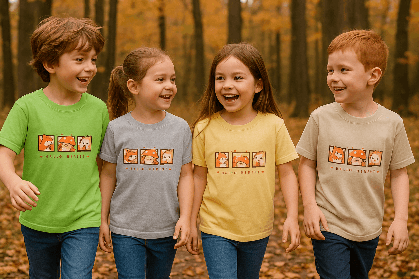Vier kinderen dragen het Hallo Herfst kinder T-shirt van Creatieve Aap in verschillende kleuren tijdens een boswandeling in de herfst.