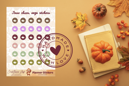 Planner stickers “Sparen” in herfstkleuren 🍂💰✨ – handgemaakt design van Creatieve Aap, verkrijgbaar in A6 en A5 formaat, matte of glans afwerking.
