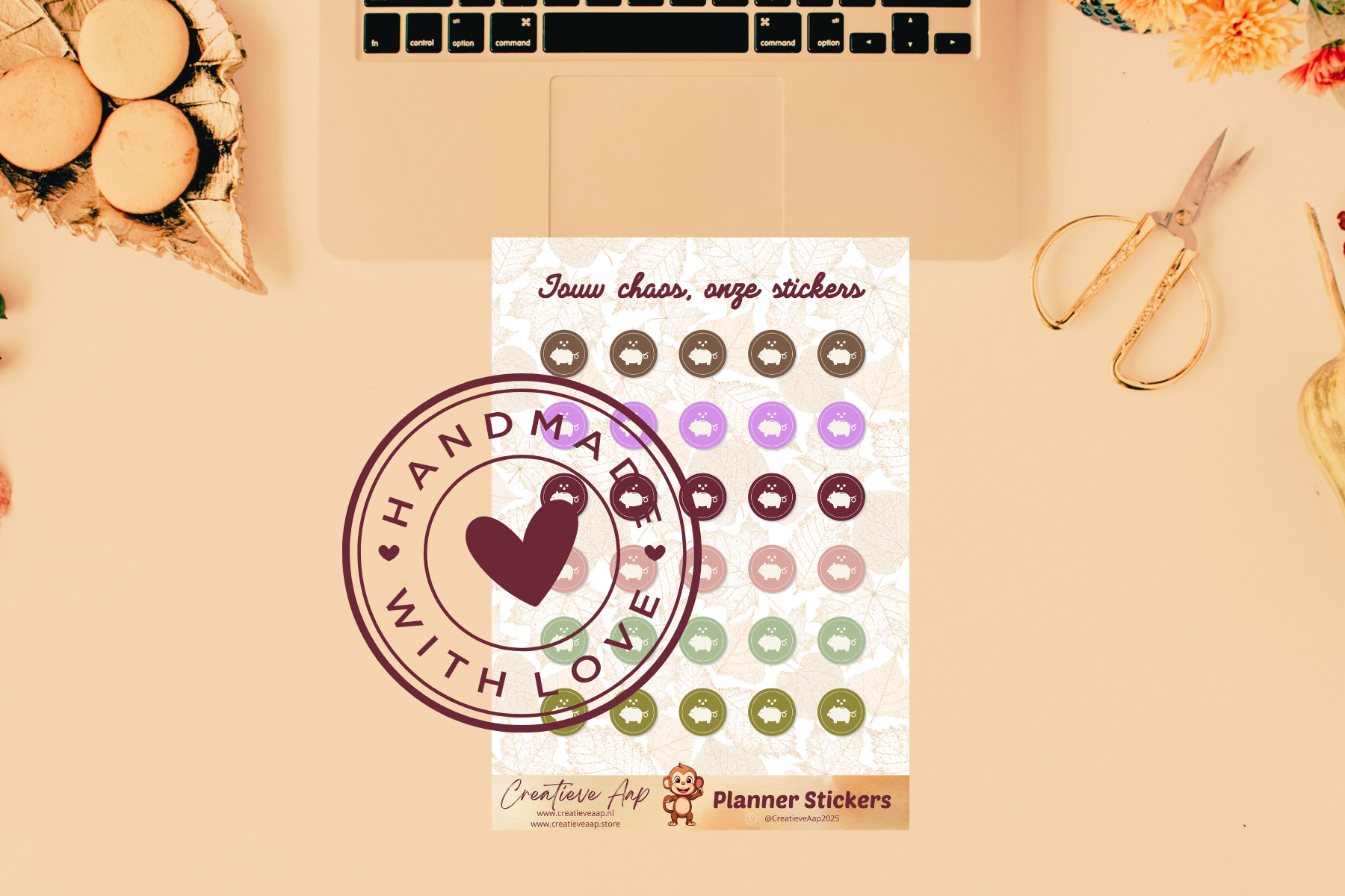 Planner stickers “Sparen” in herfstkleuren 🍂💰✨ – handgemaakt design van Creatieve Aap, verkrijgbaar in A6 en A5 formaat, matte of glans afwerking.