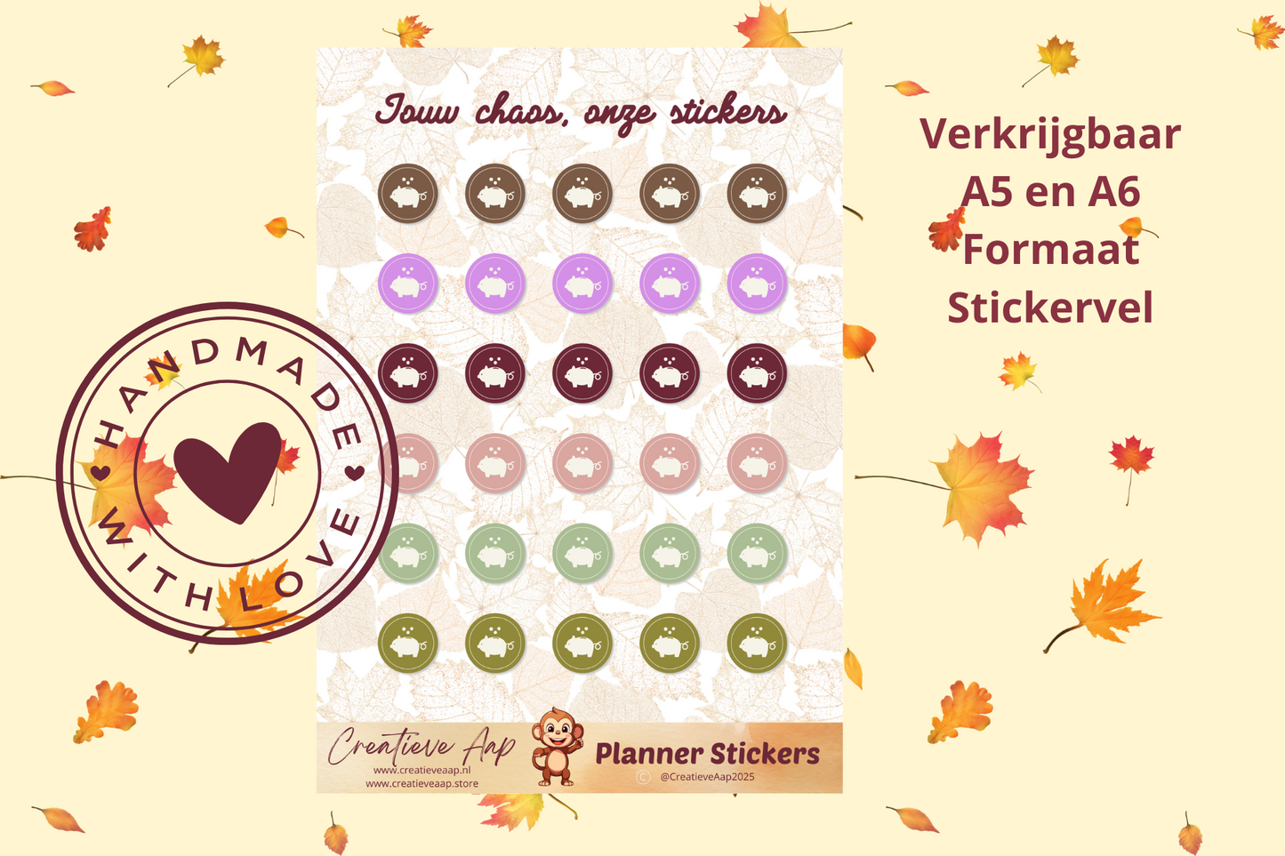 Planner stickers “Sparen” in herfstkleuren 🍂💰✨ – handgemaakt design van Creatieve Aap, verkrijgbaar in A6 en A5 formaat, matte of glans afwerking.