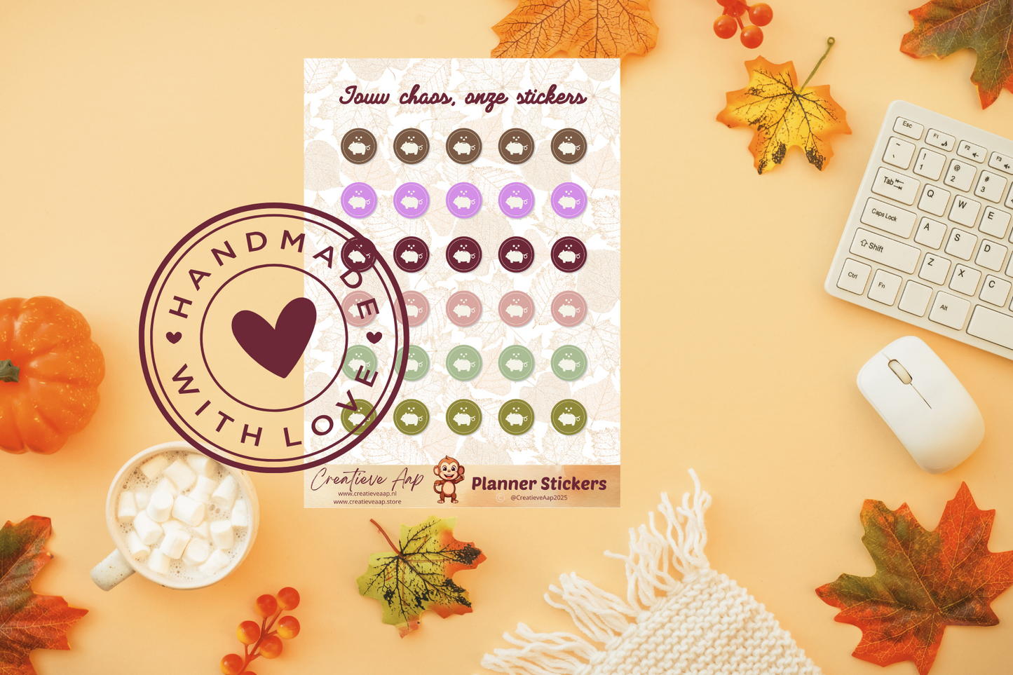 Planner stickers “Sparen” in herfstkleuren 🍂💰✨ – handgemaakt design van Creatieve Aap, verkrijgbaar in A6 en A5 formaat, matte of glans afwerking.