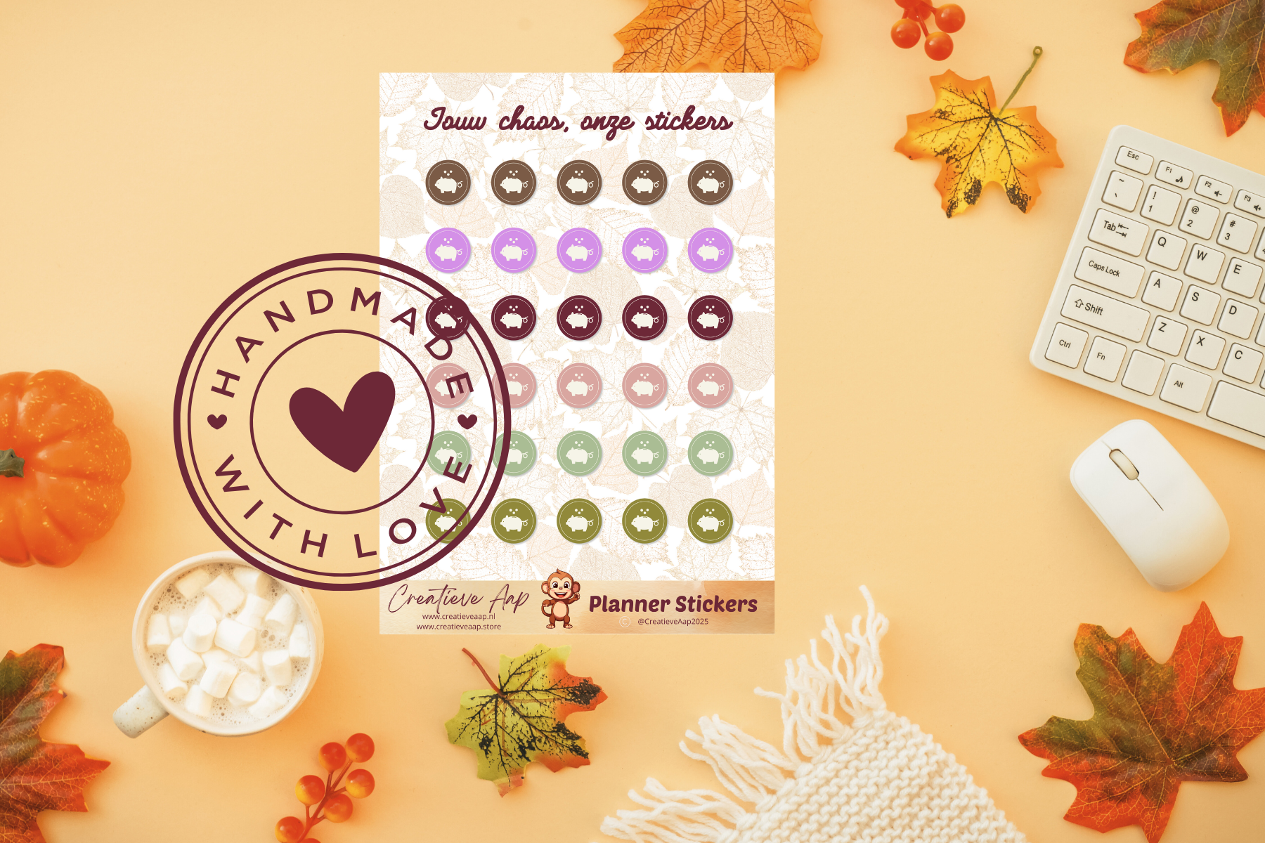 Planner stickers “Sparen” in herfstkleuren 🍂💰✨ – handgemaakt design van Creatieve Aap, verkrijgbaar in A6 en A5 formaat, matte of glans afwerking.