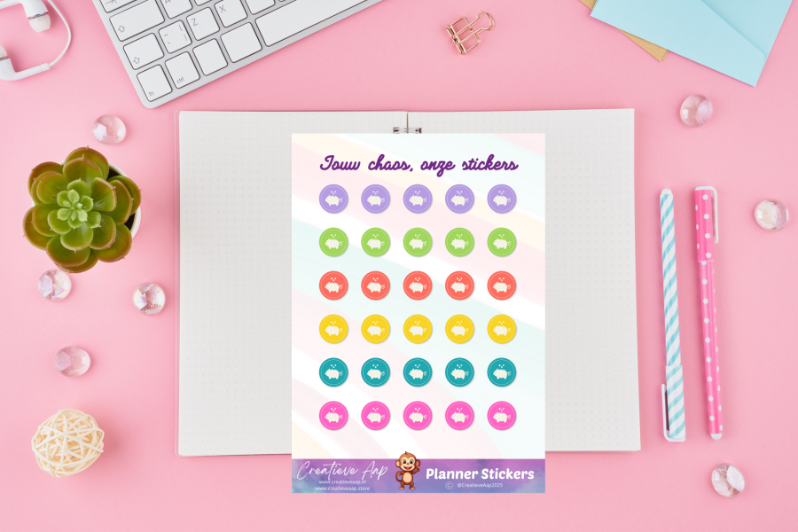Planner stickersheet met spaarvarken icoontjes in regenboogkleuren – vinyl mat, formaat A6 & A5 – Creatieve Aap