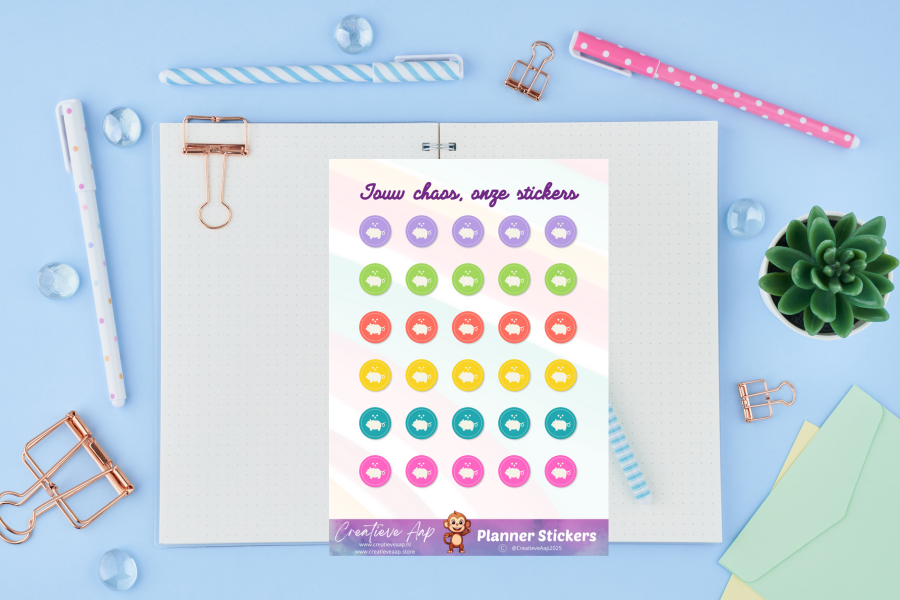 Planner stickersheet met spaarvarken icoontjes in regenboogkleuren – vinyl mat, formaat A6 & A5 – Creatieve Aap