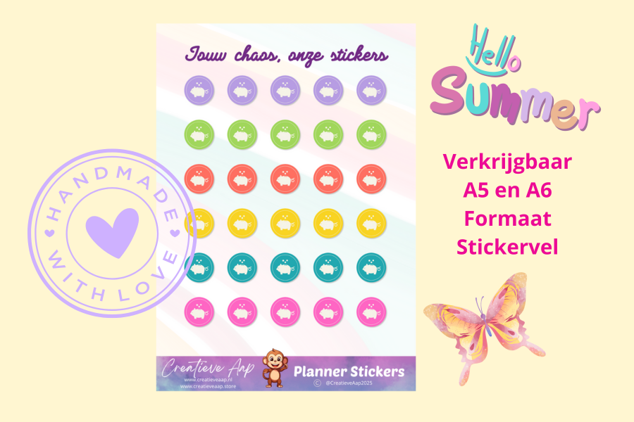 Planner stickersheet met spaarvarken icoontjes in regenboogkleuren – vinyl mat, formaat A6 & A5 – Creatieve Aap