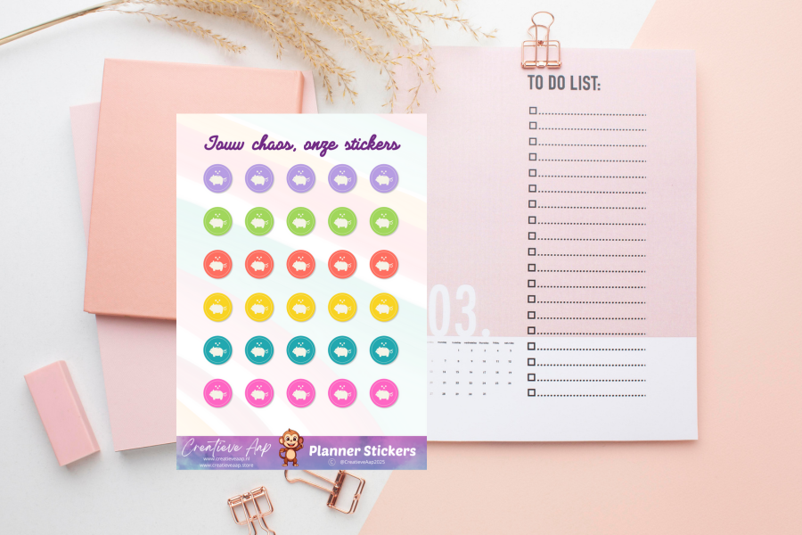Planner stickersheet met spaarvarken icoontjes in regenboogkleuren – vinyl mat, formaat A6 & A5 – Creatieve Aap