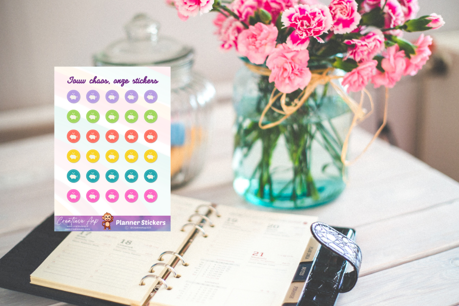 Planner stickersheet met spaarvarken icoontjes in regenboogkleuren – vinyl mat, formaat A6 & A5 – Creatieve Aap