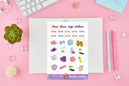 Planner stickers met sport en fitness illustraties zoals halters, loopband en GYM tekst – matte vinyl stickersheet A6 & A5 – Creatieve Aap