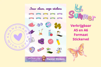 Planner stickers met sport en fitness illustraties zoals halters, loopband en GYM tekst – matte vinyl stickersheet A6 & A5 – Creatieve Aap