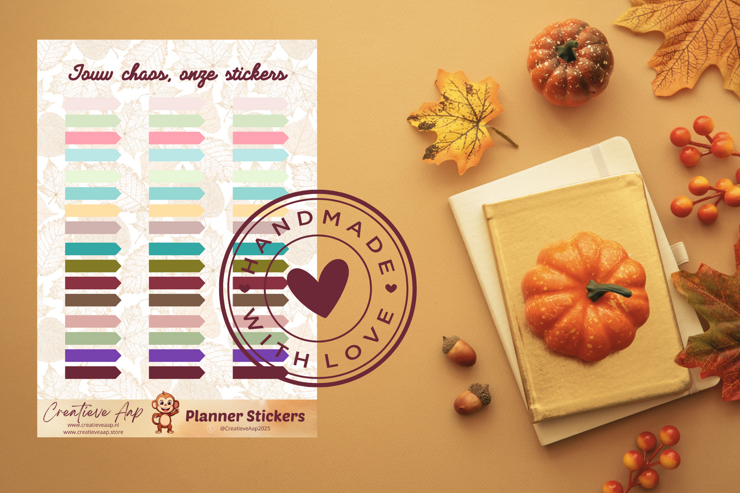 Planner stickers “Tabs Pijl” in herfstkleuren 🍂➡️✨ – handgemaakt design van Creatieve Aap, verkrijgbaar in A6 en A5 formaat, matte of glans afwerking.