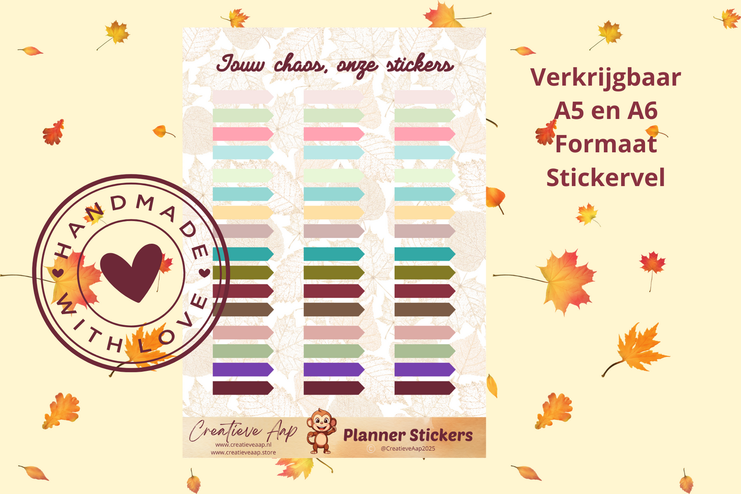 Planner stickers “Tabs Pijl” in herfstkleuren 🍂➡️✨ – handgemaakt design van Creatieve Aap, verkrijgbaar in A6 en A5 formaat, matte of glans afwerking.
