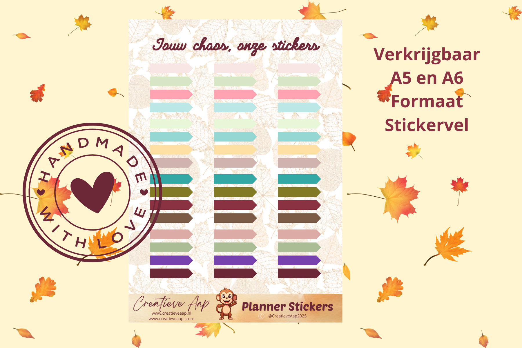 Planner stickers “Tabs Pijl” in herfstkleuren 🍂➡️✨ – handgemaakt design van Creatieve Aap, verkrijgbaar in A6 en A5 formaat, matte of glans afwerking.