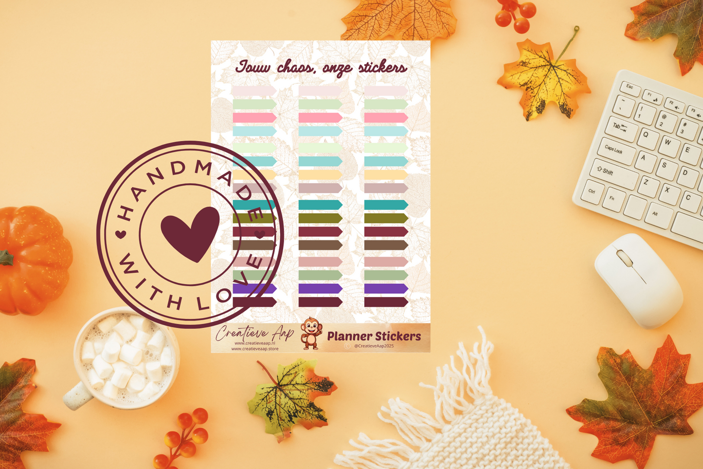 Planner stickers “Tabs Pijl” in herfstkleuren 🍂➡️✨ – handgemaakt design van Creatieve Aap, verkrijgbaar in A6 en A5 formaat, matte of glans afwerking.