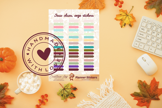 Planner stickers “Tabs Pijl” in herfstkleuren 🍂➡️✨ – handgemaakt design van Creatieve Aap, verkrijgbaar in A6 en A5 formaat, matte of glans afwerking.
