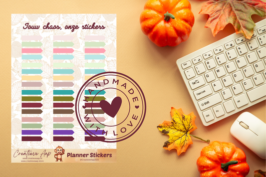 Planner stickers “Tabs Pijl” in herfstkleuren 🍂➡️✨ – handgemaakt design van Creatieve Aap, verkrijgbaar in A6 en A5 formaat, matte of glans afwerking.