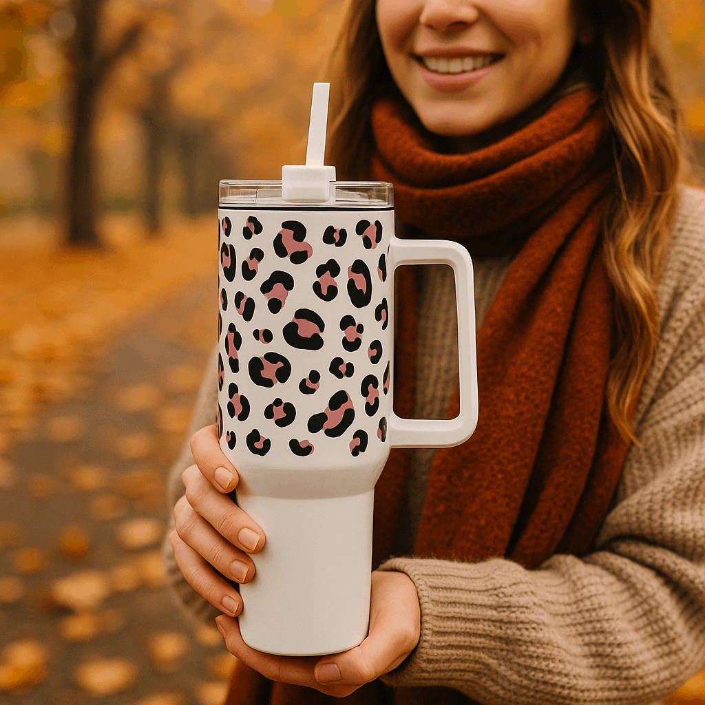 Panterprint tumbler op witte tumbler 900ml roestvrijstaal met dubbelwandige isolatie – Creatieve Aap